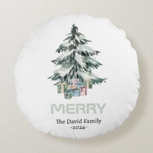 Cojín Redondo Regalos de árbol de navidad de pino de nieve de ce