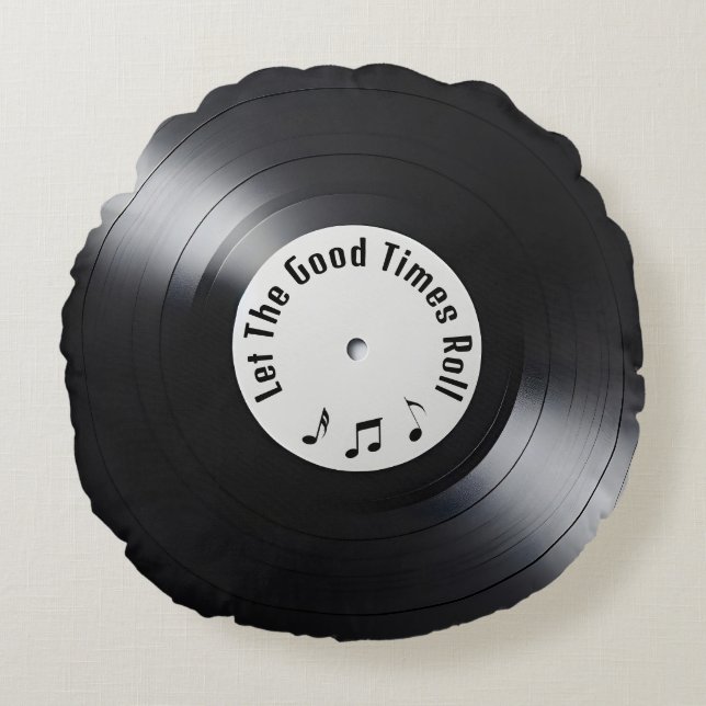 Cojín Redondo Registro de vinilo negro retro (Anverso)
