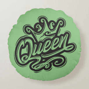 Cojín Redondo Reina con corona, diseño de tipografía