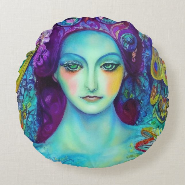 Cojín Redondo Reina de hadas encantada con mariposas (Anverso)