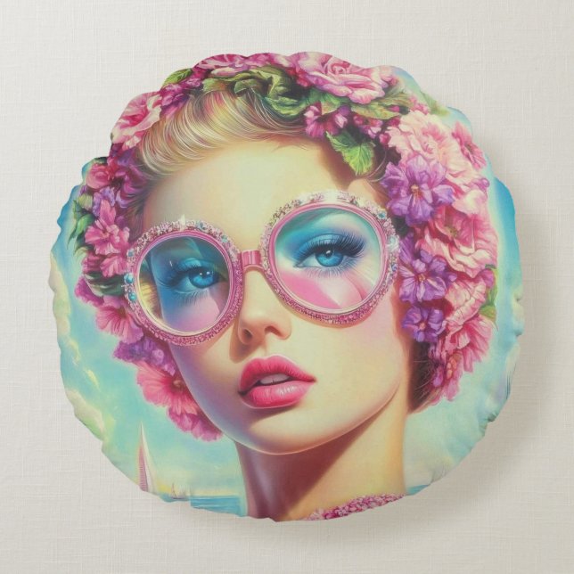 Cojín Redondo Reina del glamour tropical (Anverso)