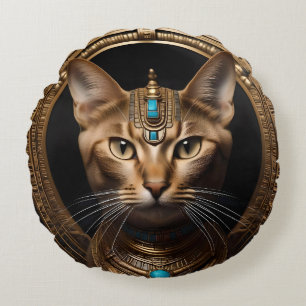 Cojín Redondo Reina del Nilo: Cleopatra el gato en la cabeza