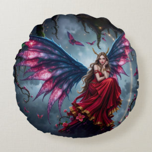 Cojín Redondo Reina Hada de Fantasía Oscura con Alas de Mariposa