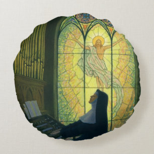 Cojín Redondo Religión antigua, monja tocando un órgano en la ig