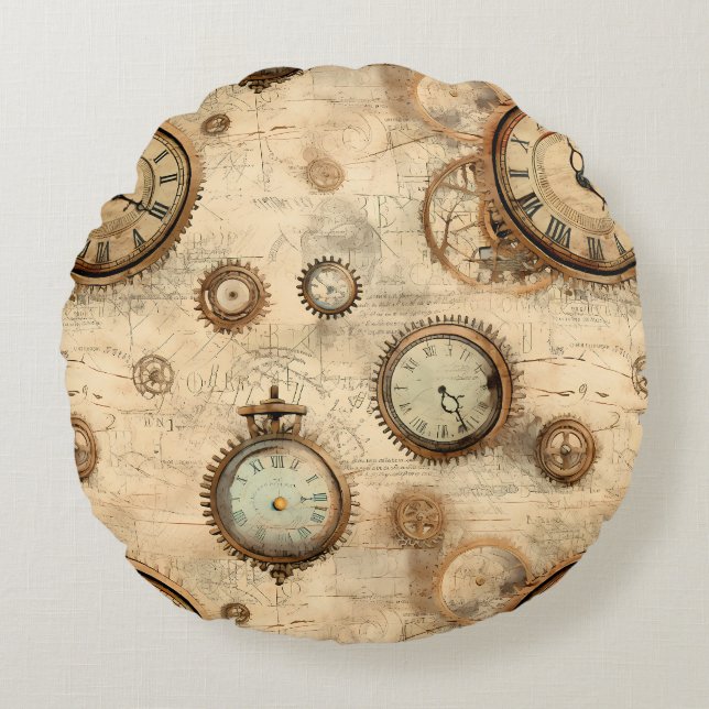 Cojín Redondo Reloj de vapor de grano rugoso (6) (Anverso)