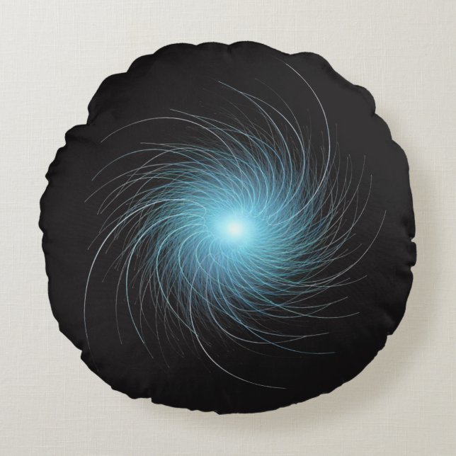 Cojín Redondo Remolino Fractal Azul sobre Negro (Anverso)