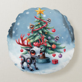 Cojín Redondo Reno ciberpunk lindo con árbol de Navidad