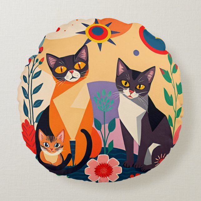Cojín Redondo Representación Artística Abstracta de Gatos (Anverso)