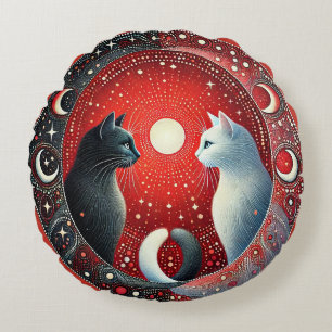 Cojín Redondo Representación artística de gatos Yin y Yang