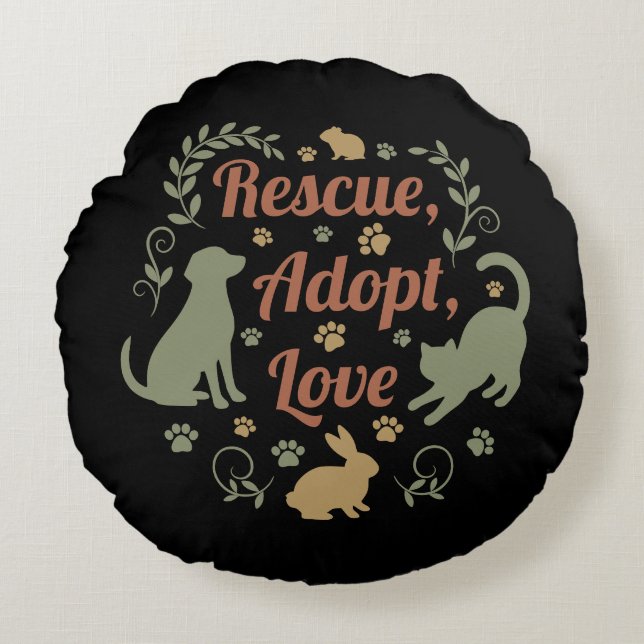 Cojín Redondo Rescue, Adopt, Love (Anverso)
