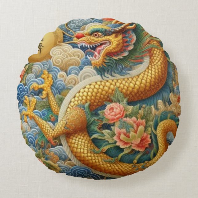 Cojín Redondo Respire Fire Chinoiserie Dragon Gold (Anverso)