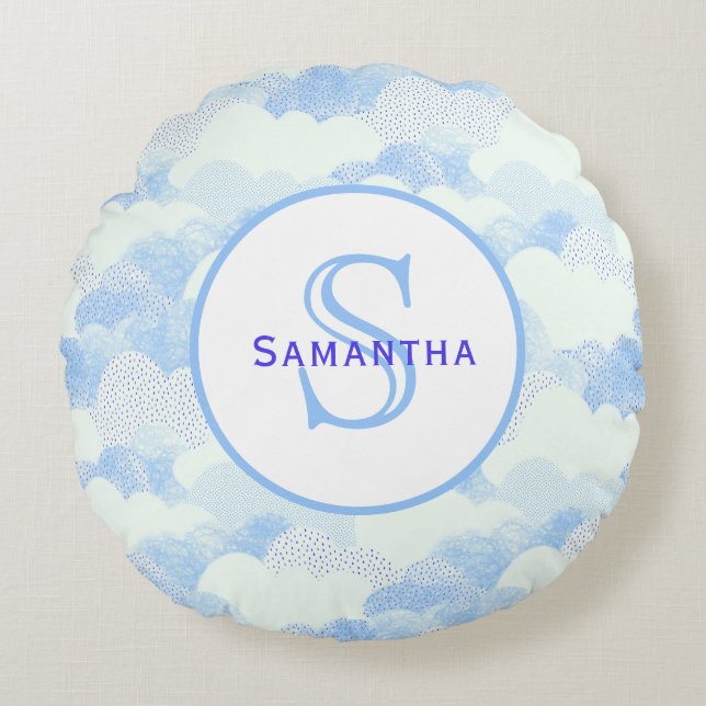 Cojín Redondo Resumen azul y blanco sobre nubes texturizadas Mon (Anverso)