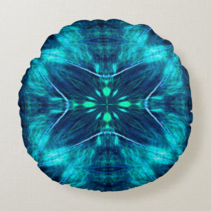 Cojín Redondo Resumen Bloom Aqua y diseño fractal azul