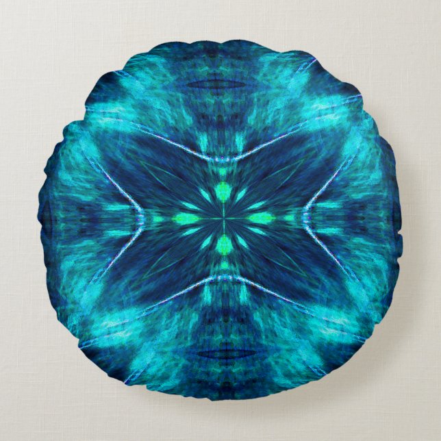 Cojín Redondo Resumen Bloom Aqua y diseño fractal azul (Anverso)