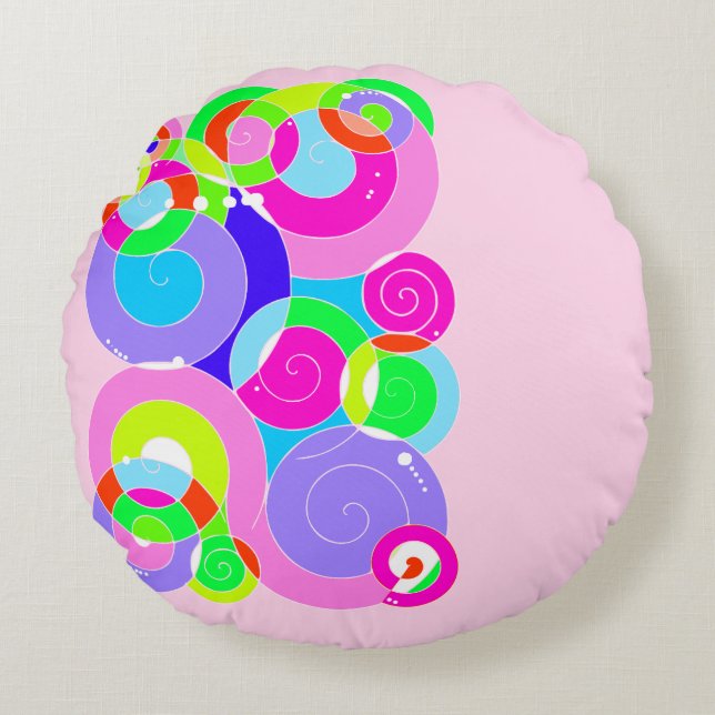 Cojín Redondo Resumen de arte espiral retro arcoiris rosa (Anverso)