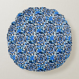 Cojín Redondo Resumen de estilo floral, azul, negro y beige t