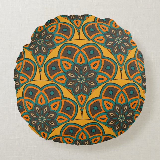 Cojín Redondo Resumen de la escala de peces mandala sin fisuras. (Anverso)