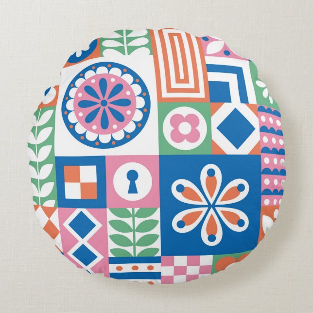Cojín Redondo Resumen de la tarjeta floral. Patrón de folclore s (Anverso)