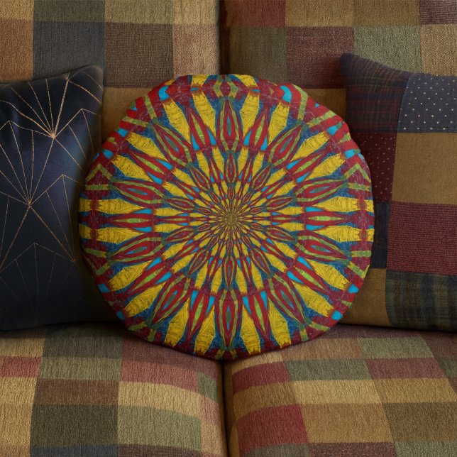 Cojín Redondo Resumen de la tribu floral amarilla y roja hippie (Subido por el creador)