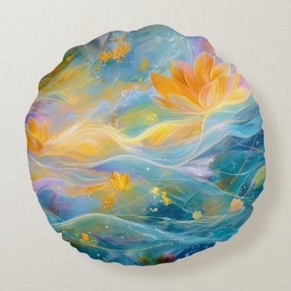 Cojín Redondo Resumen de las flores flotantes de Golden Lotus
