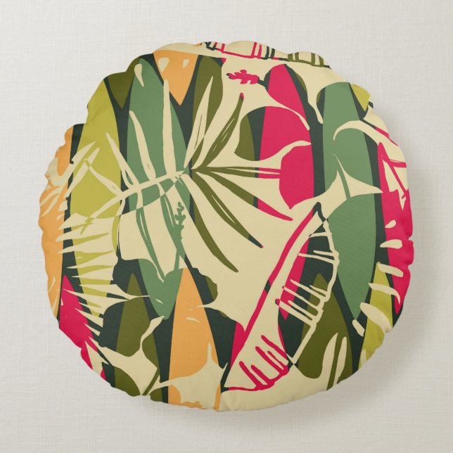 Cojín Redondo Resumen de patrón sin fisuras con hojas tropicales (Anverso)