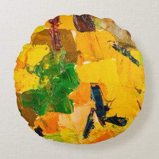 Cojín Redondo Resumen de pintura al óleo amarillo sobre lienzo.