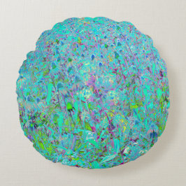 Cojín Redondo Resumen del Jardín Verde y Morado de las Flores de