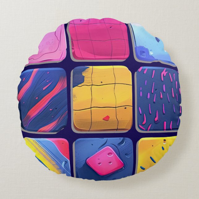 Cojín Redondo Resumen del patrón de bloques coloridos (Anverso)