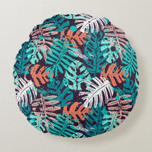 Cojín Redondo Resumen del patrón de hojas tropicales sin costura