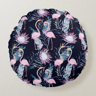 Cojín Redondo Resumen del patrón tropical con flamingo, protea,