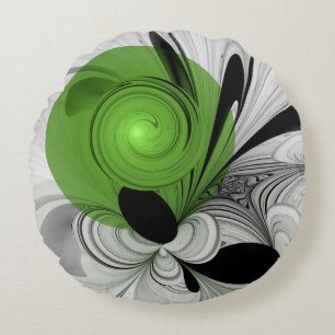 Cojín Redondo Resumen en blanco y negro con arte fractal verde