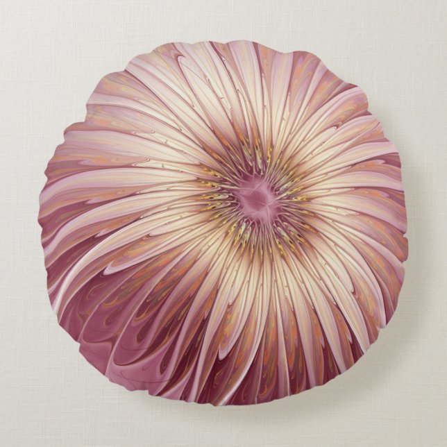 Cojín Redondo Resumen Flor Arte Fractal y tonos de Borgoña (Anverso)