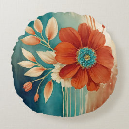 Cojín Redondo Resumen floral de roya y turquesa