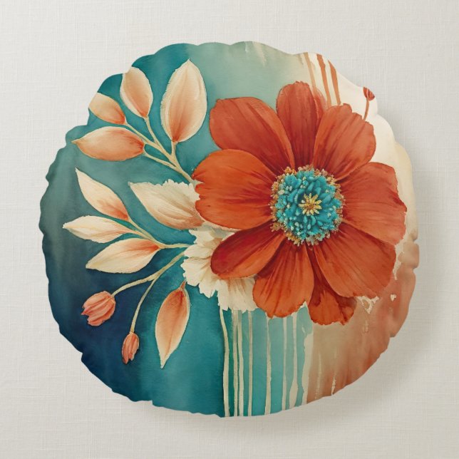 Cojín Redondo Resumen floral de roya y turquesa (Anverso)
