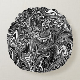 Cojín Redondo Resumen Mármol Líquido Blanco y Negro