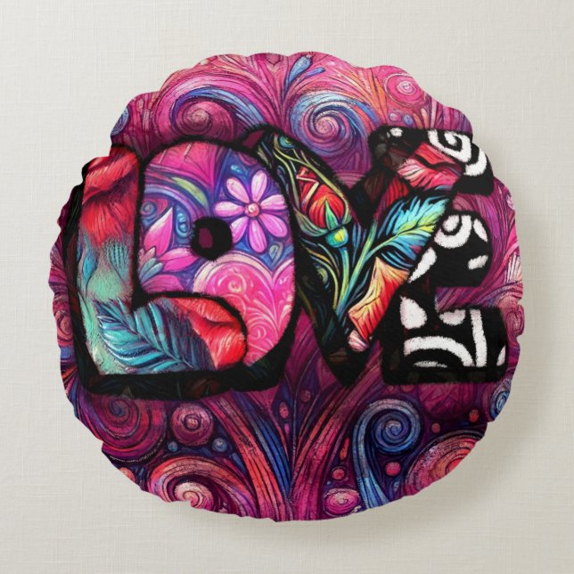 Cojín Redondo Resumen Palabra de amor Graffiti Valentine Floral  (Anverso)