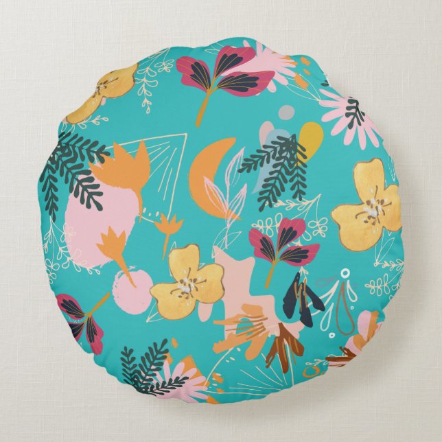 Cojín Redondo Resumen Patrones de flores azules (Reverso)