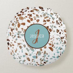 Cojín Redondo Resumen personalizado Terrazzo Brown & Blue Patter