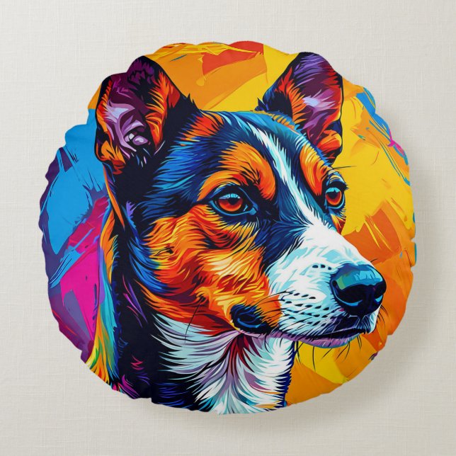Cojín Redondo Retrato abstracto de perro Basenji (Anverso)