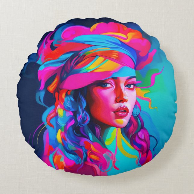 Cojín Redondo Retrato abstracto vibrante (Anverso)