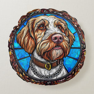 Cojín Redondo Retrato Artístico de Perro en Vidrio Pintado