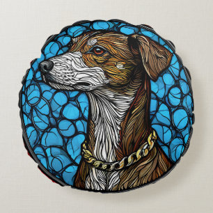 Cojín Redondo Retrato Artístico de Perro en Vidrio Pintado