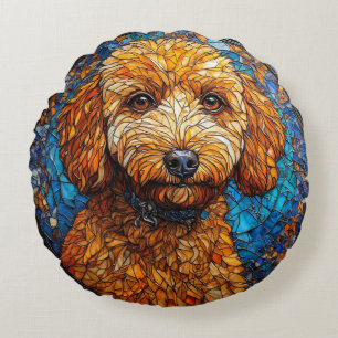 Cojín Redondo Retrato Artístico de Perro en Vidrio Pintado