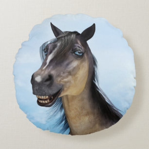 Cojín Redondo Retrato de Arte de Caballo con Sonrisa Divertida