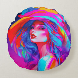Cojín Redondo Retrato de arte pop neón