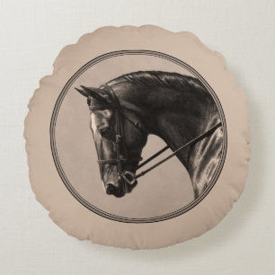 Cojín Redondo Retrato de caballo de Brown Bay Oldenburg Sepia