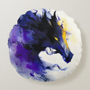 Cojín Redondo Retrato de caballo negro en acuarela abstracta
