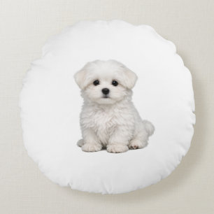 Cojín Redondo Retrato de cachorro maltés blanco esponjoso Amante