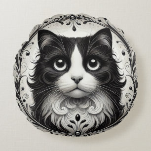 Cojín Redondo Retrato de gato en blanco y negro