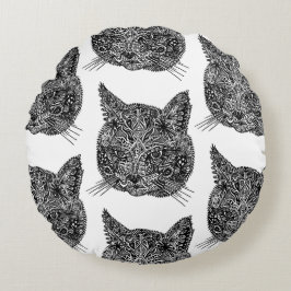 Cojín Redondo Retrato de gato ornamental blanco y negro